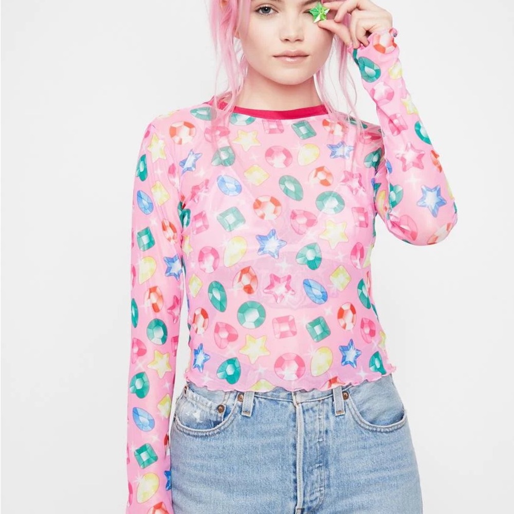 Dolls Kill Pink Y2K Troll Gem Mesh Top XS